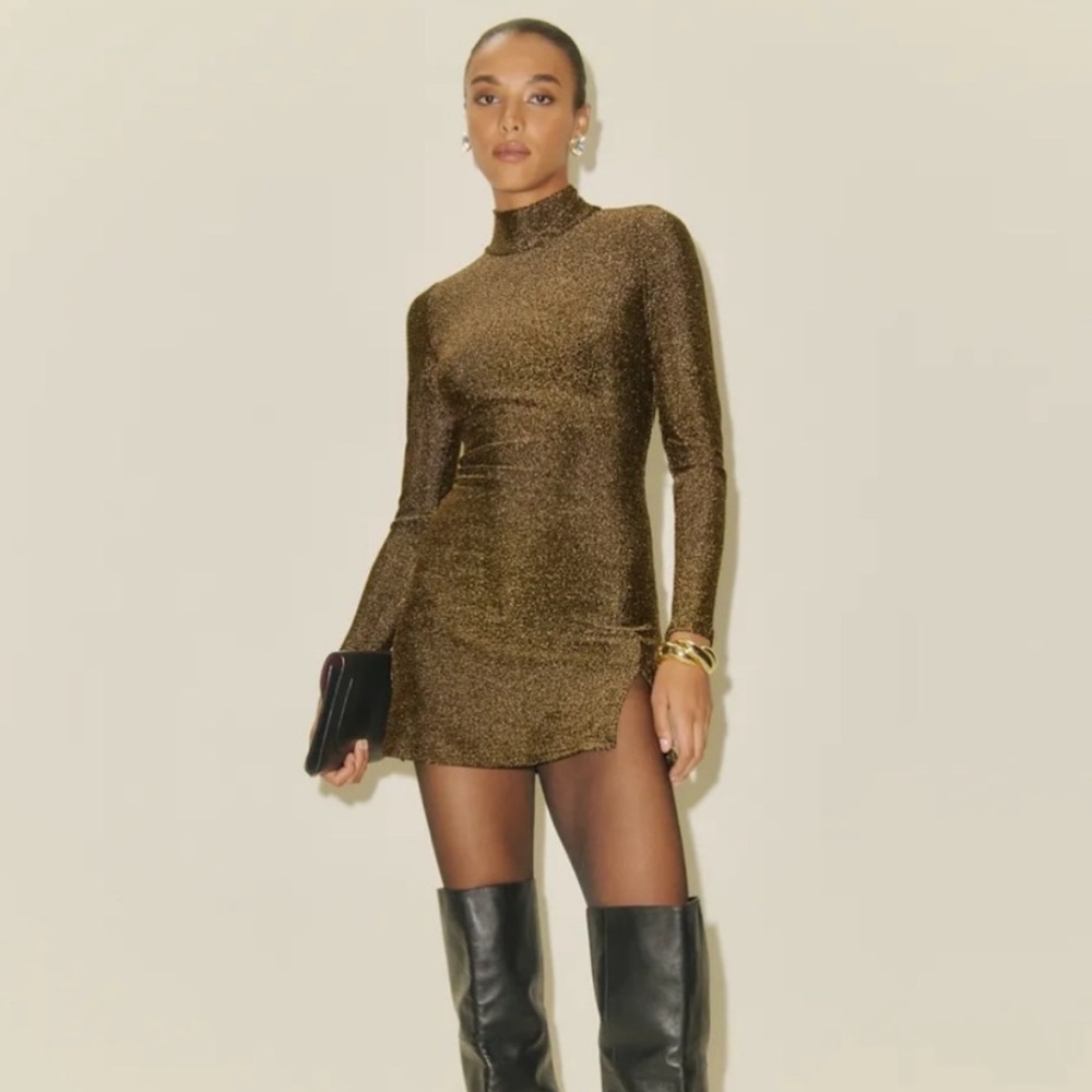 Reformation hermia knit dress in black gold sparkle